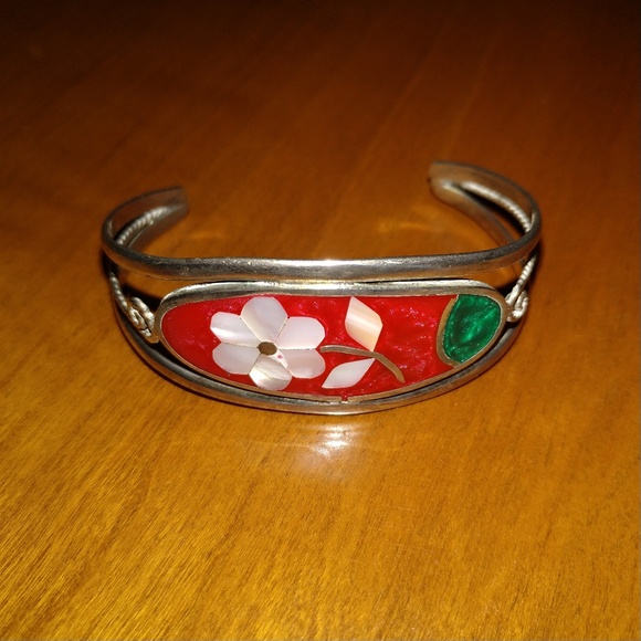 Alpaca Mexico Mother of Pearl Inlay Cuff Bracelet - Picture 1 of 2